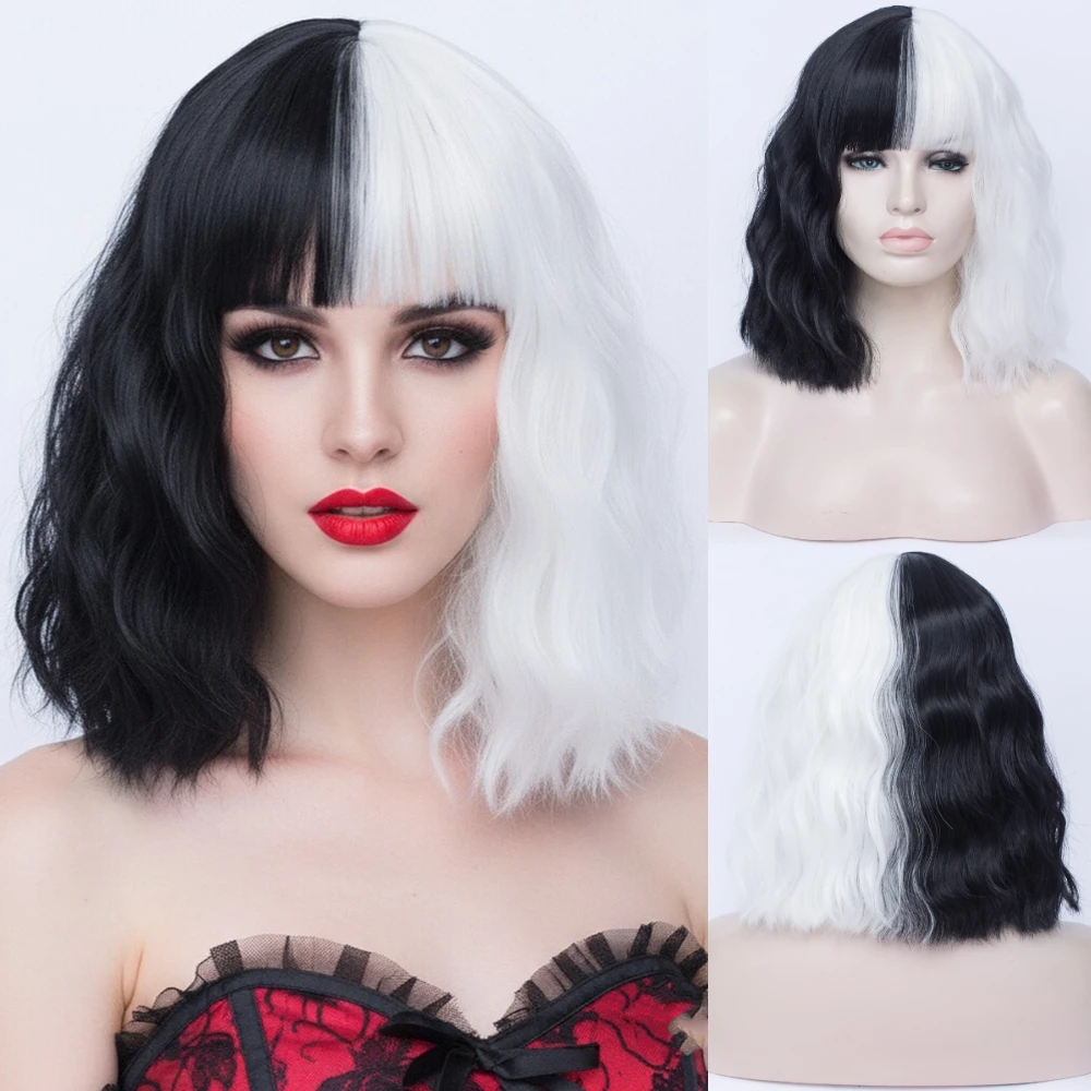 

MSIWIGS женский черно-белый парик, короткие вьющиеся синтетические парики для косплея, накладные аниме-парики с эффектом омбре, два тона, розовый, синий, красный, пучок, 20 цветов