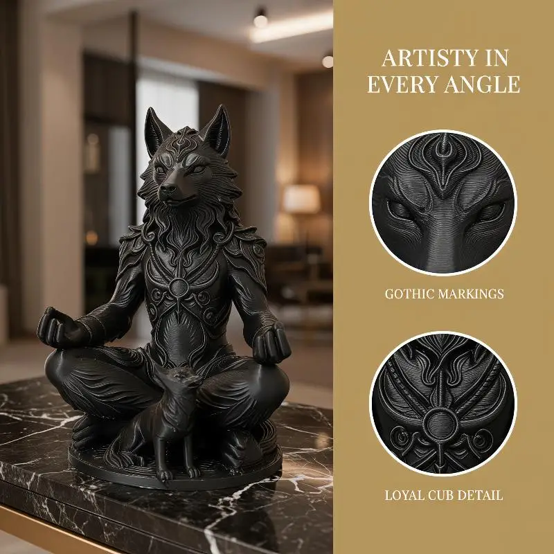 3D Printing Gothic Werewolf & Cub Meditation Statue For Shelf, Eerie Decor Gift
