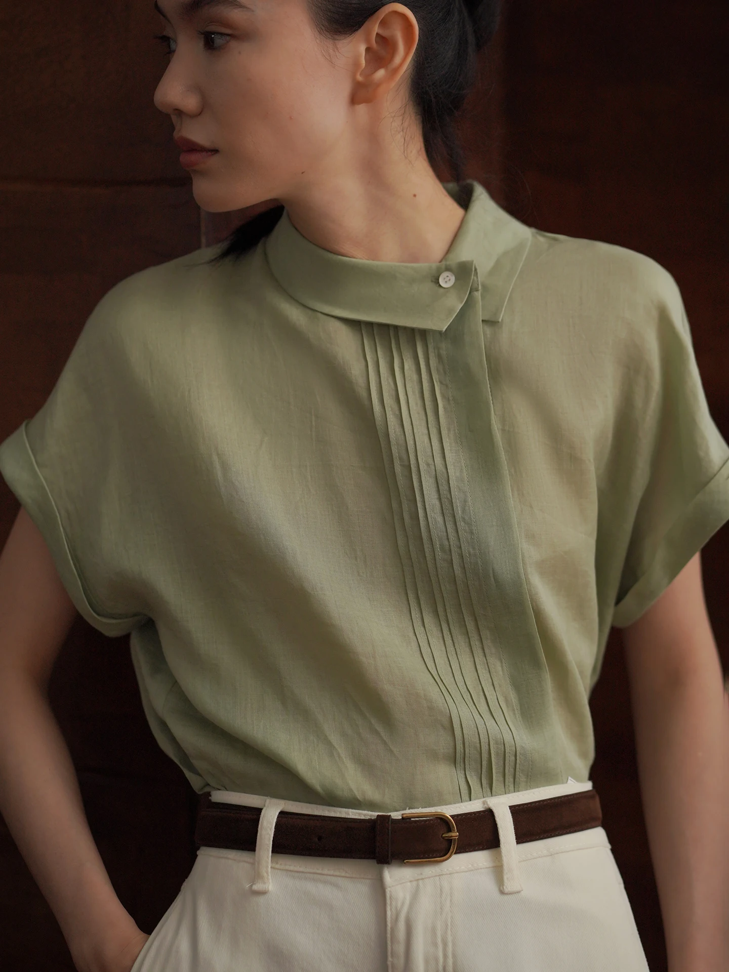 Hacikis Lady's Breathable Linen Shirt Collared Summer Casual Wear Short Sleeve Regular Fit Simple Style City Walk Tour