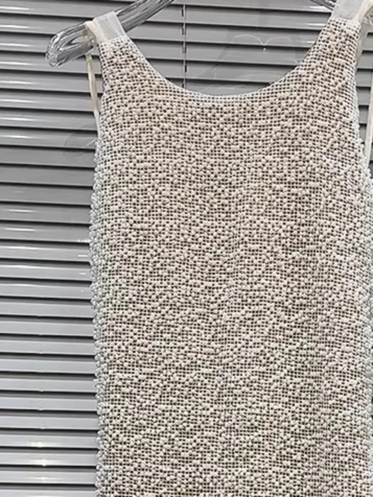 DFDG Damska Letnia Beżowa Sukienka Maxi Bez Rękawów Z Tiulu, Ozdobiona Perłami, Elegancka, Formalna, Na Imprezę, Modna Sukienka Damska 2025