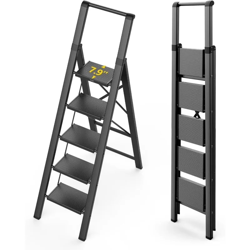 Step Ladder, 5 Step Ladder with Widen Pedals, Aluminum Ladder with Anti Slip Feet, Lightweight Folding Step Ladder for Home, et