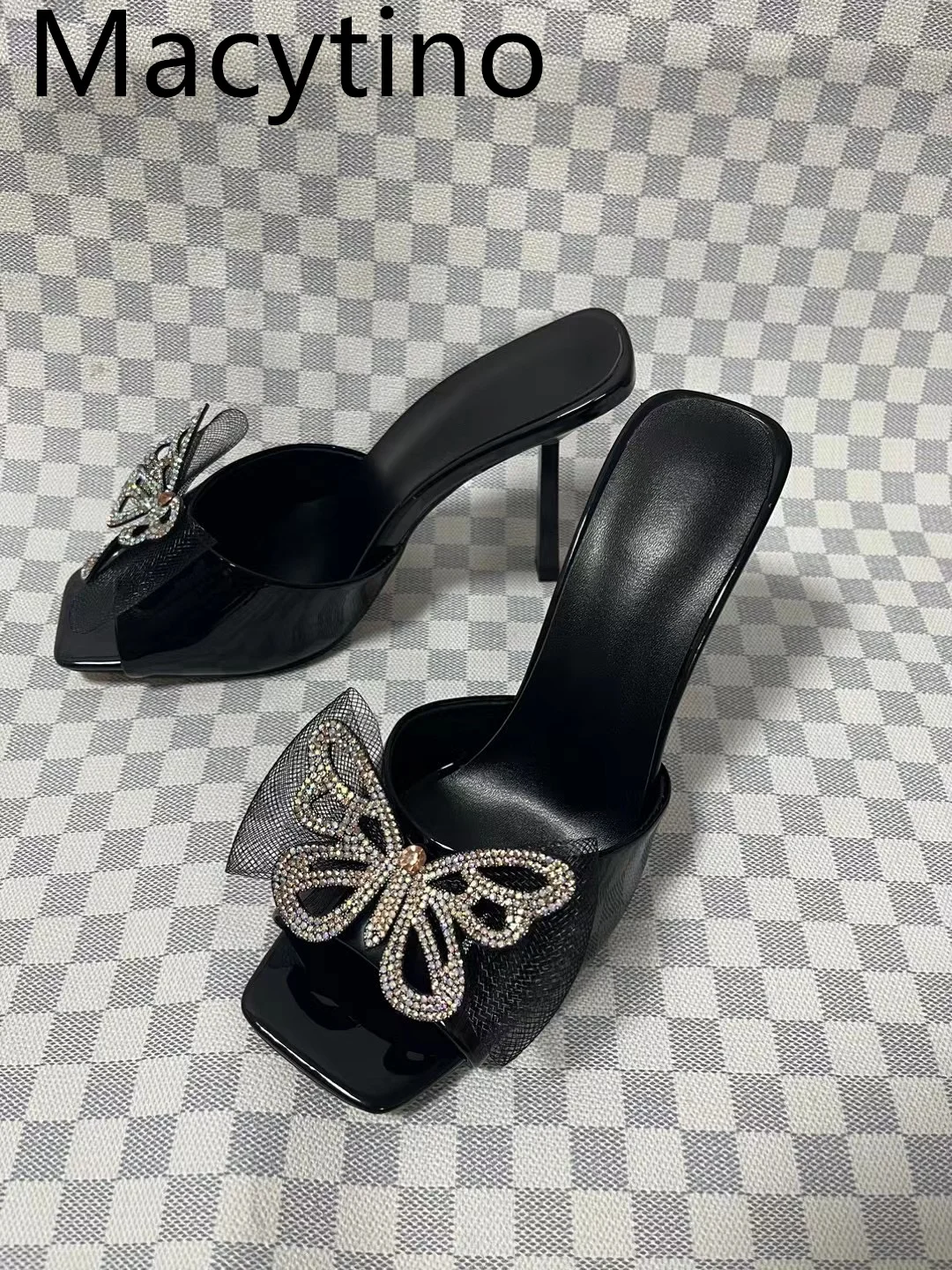 Women's Sandals Patent Leather 2024 Summer Bow Crystal Slippers Party Wedding Shoes Square Toe Stiletto Heel