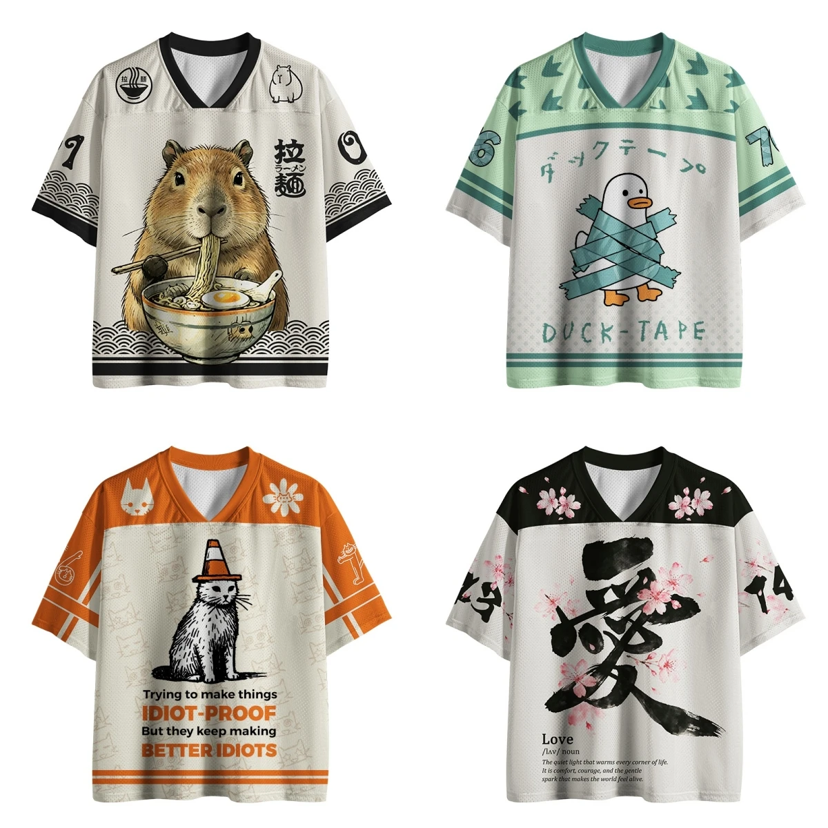 2026 Unisex Cute Meme Animal Mesh Jersey T Shirt, Funny Japanese Cartoon V Neck Short Sleeve Oversized Festival Streetwear
