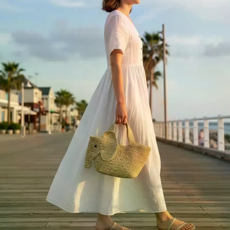 Bolsa de Palha Artesanal Grande Capacidade com Design de Elefante para Uso Diário, Praia e Lazer ao Ar Livre no Verão