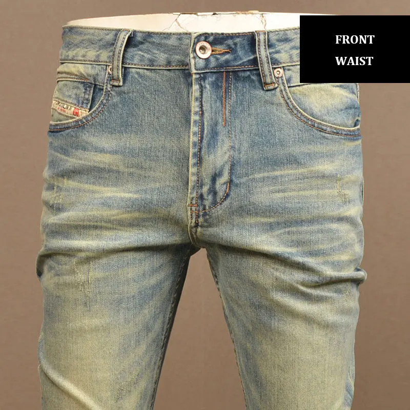 Italian Style Fashion Men Jeans High Quality Retro Washed Blue Stretch Slim Fit Ripped Jeans Men Vintage Designer Denim Pants