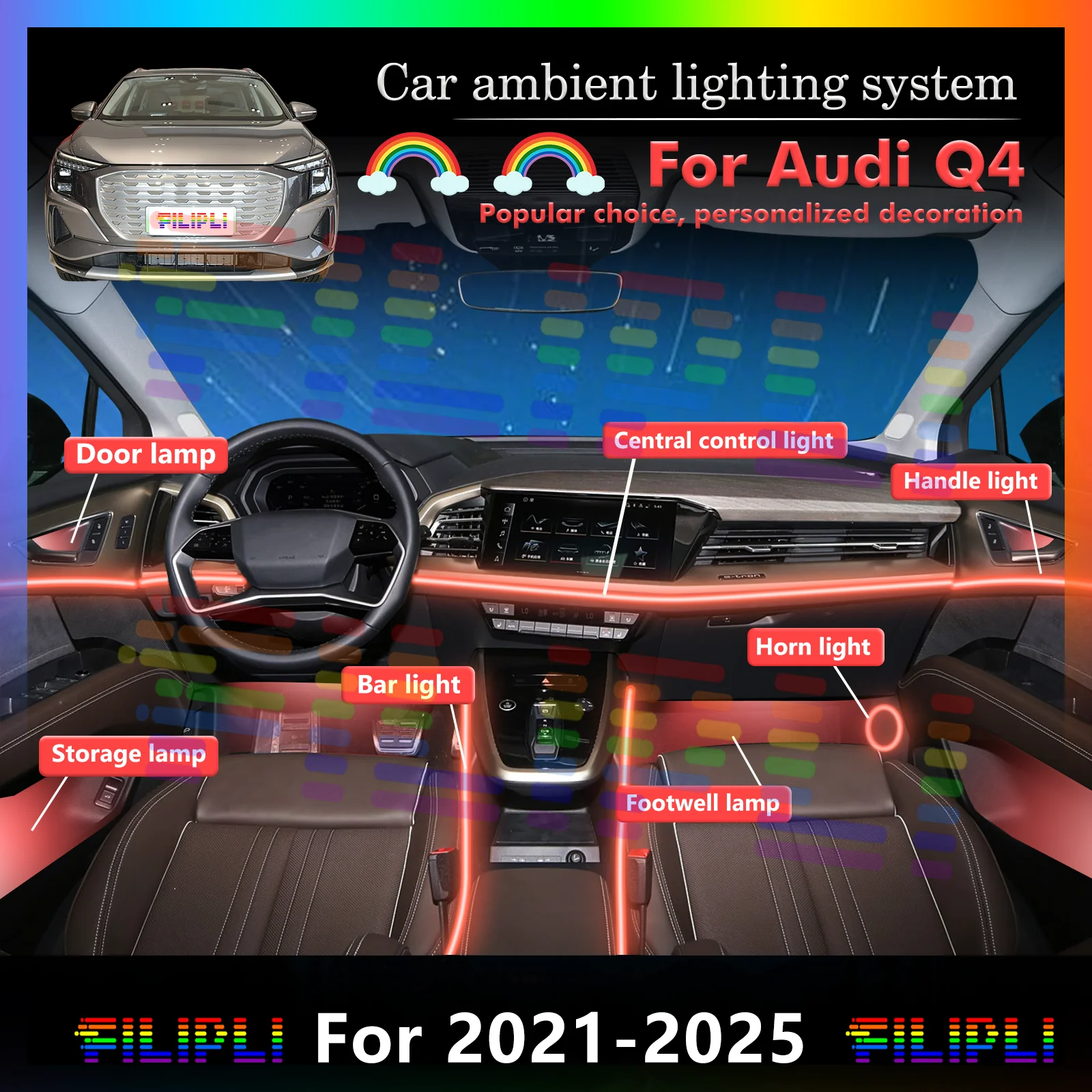 

Для Audi Q4 добавляет роскошь в гостиничный шаттл со скрытыми светодиодными ремнями для салона автомобиля Boasting 64 Premium