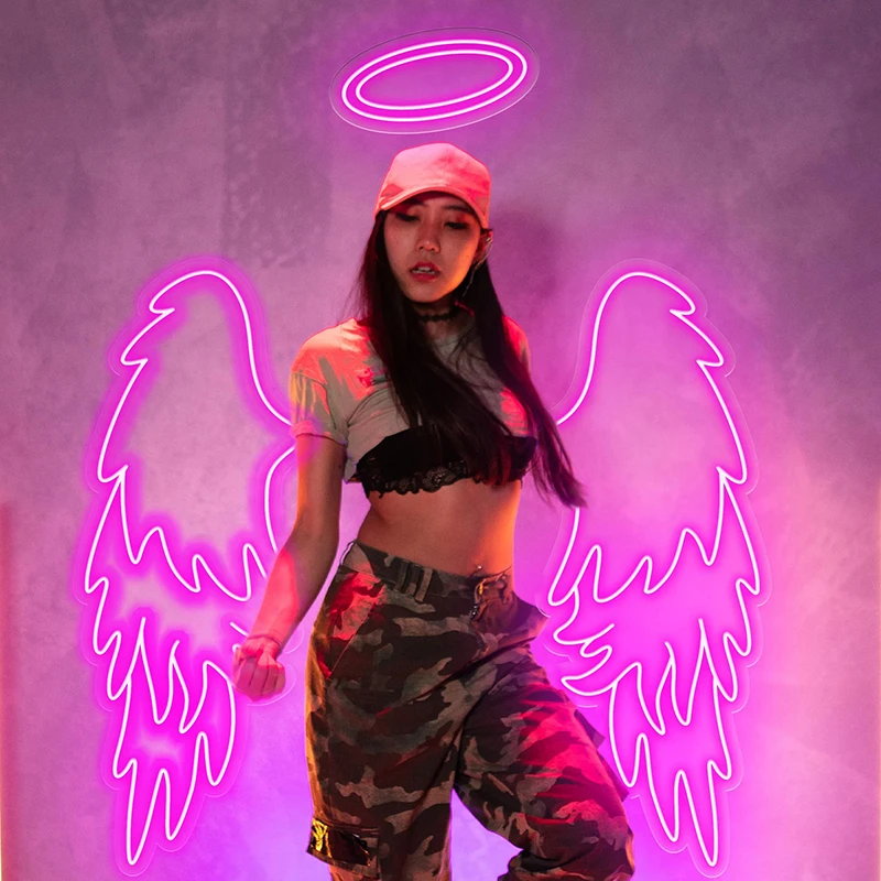 LED Angel Wings com Halo e Texto, Neon Sign for Wedding Party, Decoração do evento, Decoração do quarto, Sinais de néon personalizados