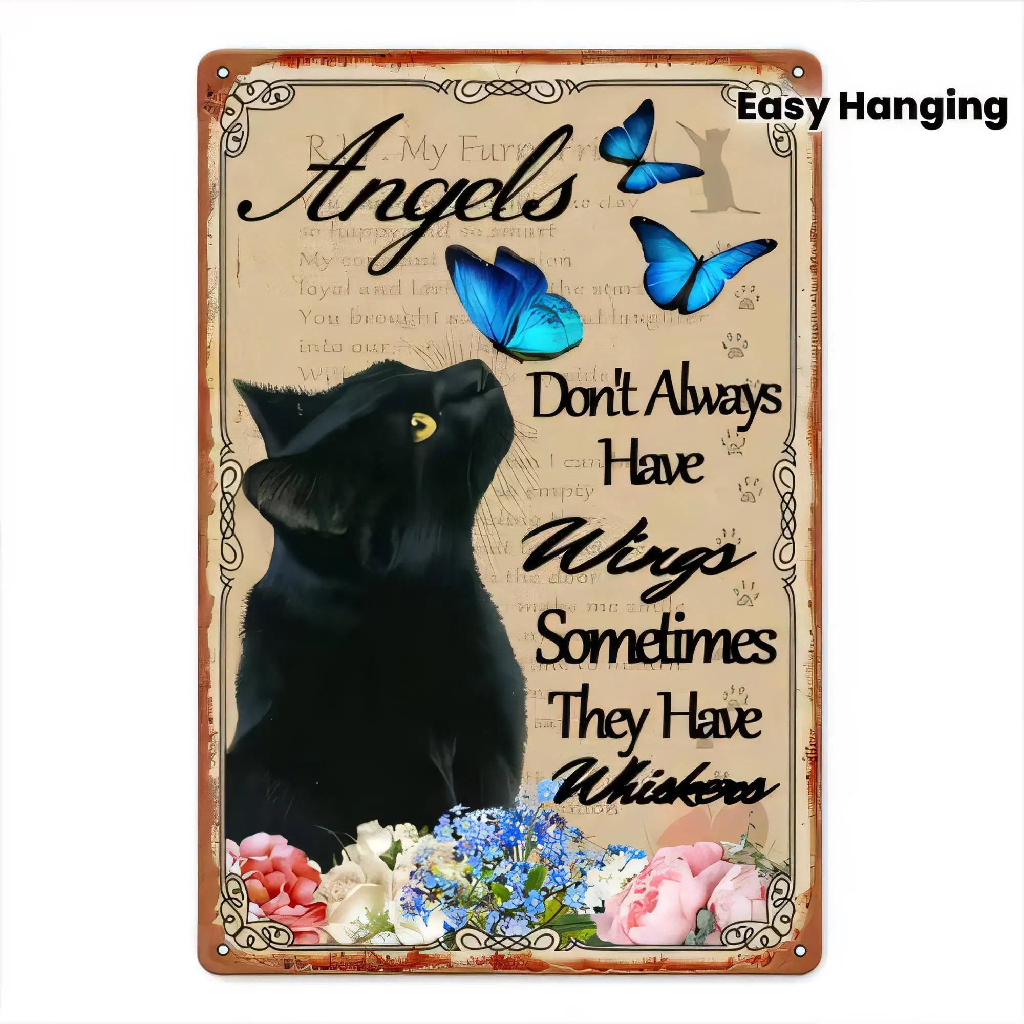 Tin Sign Vintage Angel Cat Quote Decor, Dont Always Have Wings Sometimes They Have Angels, Easy Hanging Retro Metal Plaque for B