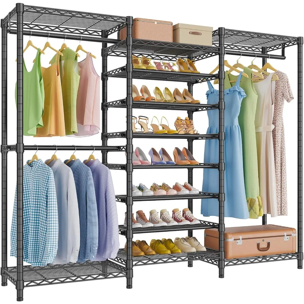 

S3 Heavy Duty Garment Rack Freestanding Clothes Rack Closet Storage Organizer Large Wardrobe with 6-Tier Shoe Rack, Hangin