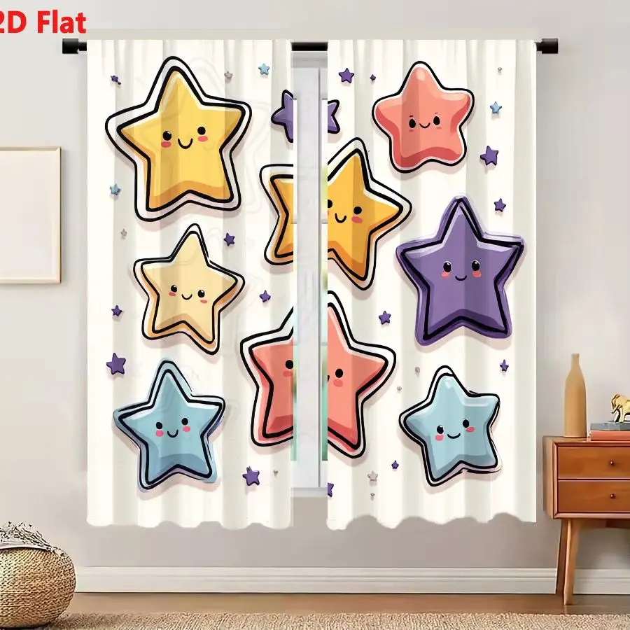 2Pcs Curtains 2D Flat Cheerful Colorful Anthropomorphic Stars With Cute Faces On Cream Background For Childrens Designs Window D
