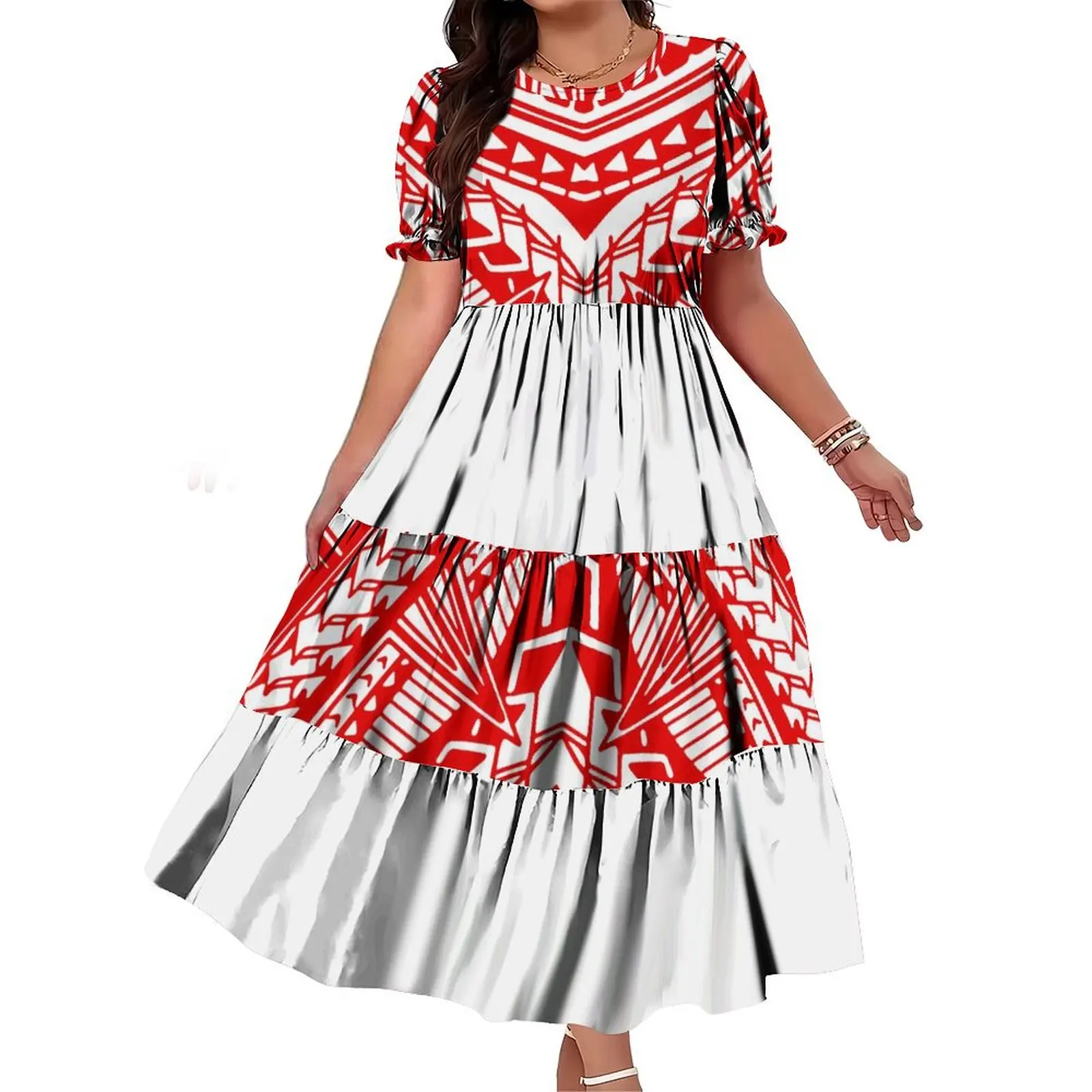 

Высокое качество, индивидуальный дизайн в гавайском стиле, женское повседневное платье, многоуровневое платье с рюшами и короткими рукавами, одежда для пасхального острова