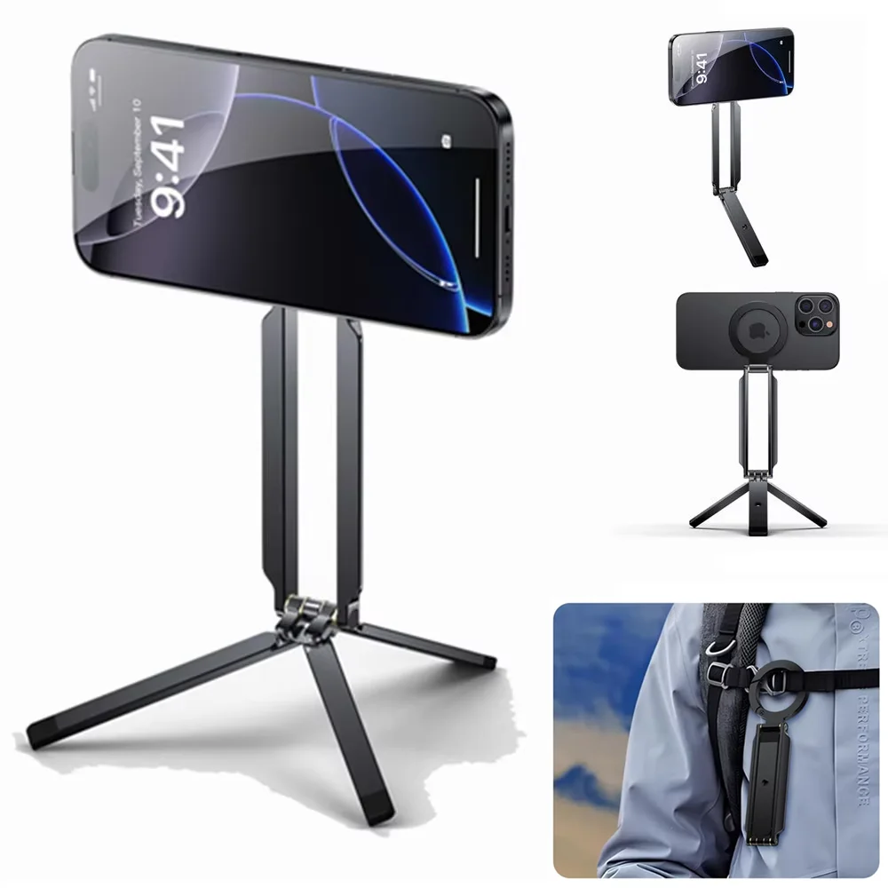 

Magnetic Phone Tripod Stand Aluminium Maglock Mini Tripod Pocket Phone Stand Magnet Quick Mount for iPhone 16 15 14 13 12 Magsaf