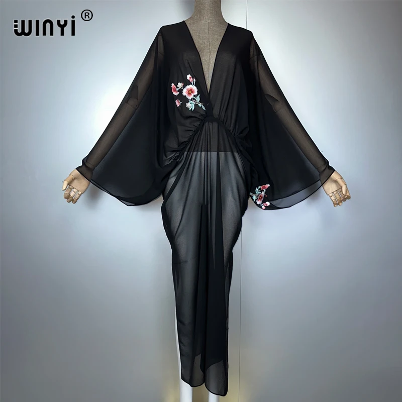 

WINYI Embroidered perspective sexy deep V dress Muslim Abaya Lady beach cover up Beachwear fashion Kaftan abaya dubai luxury