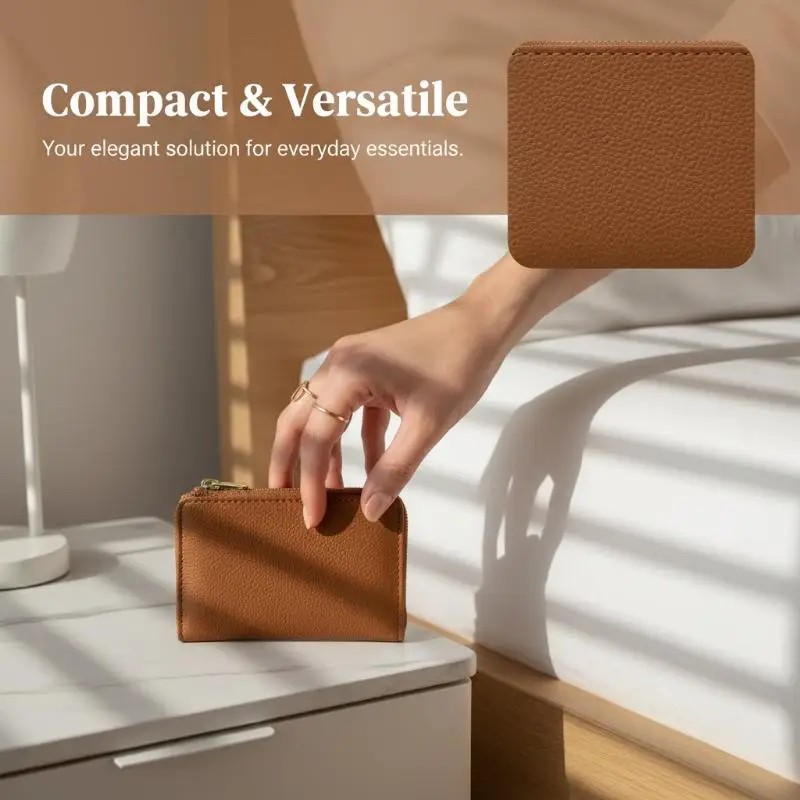 PU Leather Mini Coin Purse Gold Keychain Smooth Zipper Minimalist Solid Color for College Students Campus Daily Use