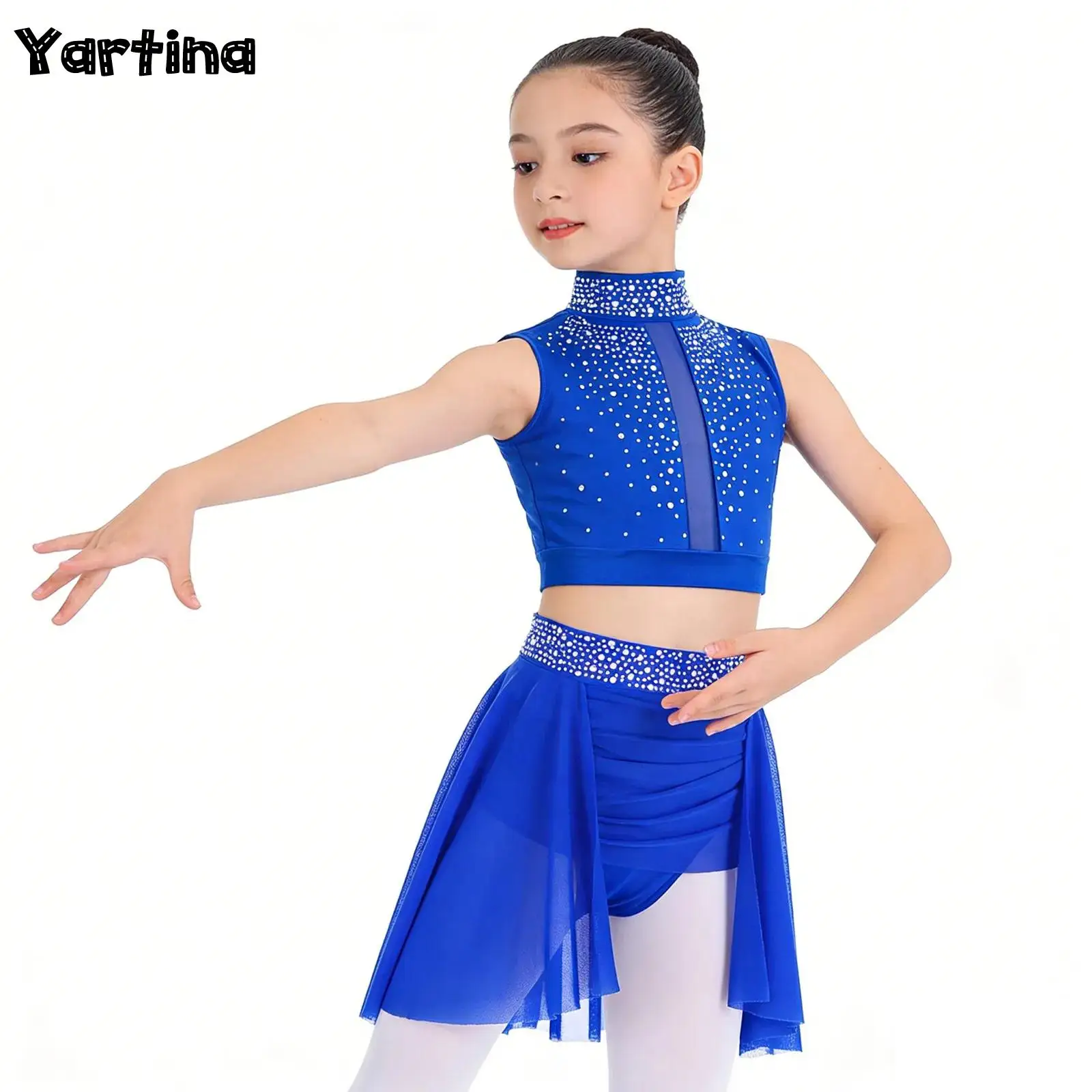 

Kids Girls Ballet Lyrical Contemporary Dance Outfit Sparkly Rhinestones Gymnastics Figure Skating Dance Costume Vest with Skirt