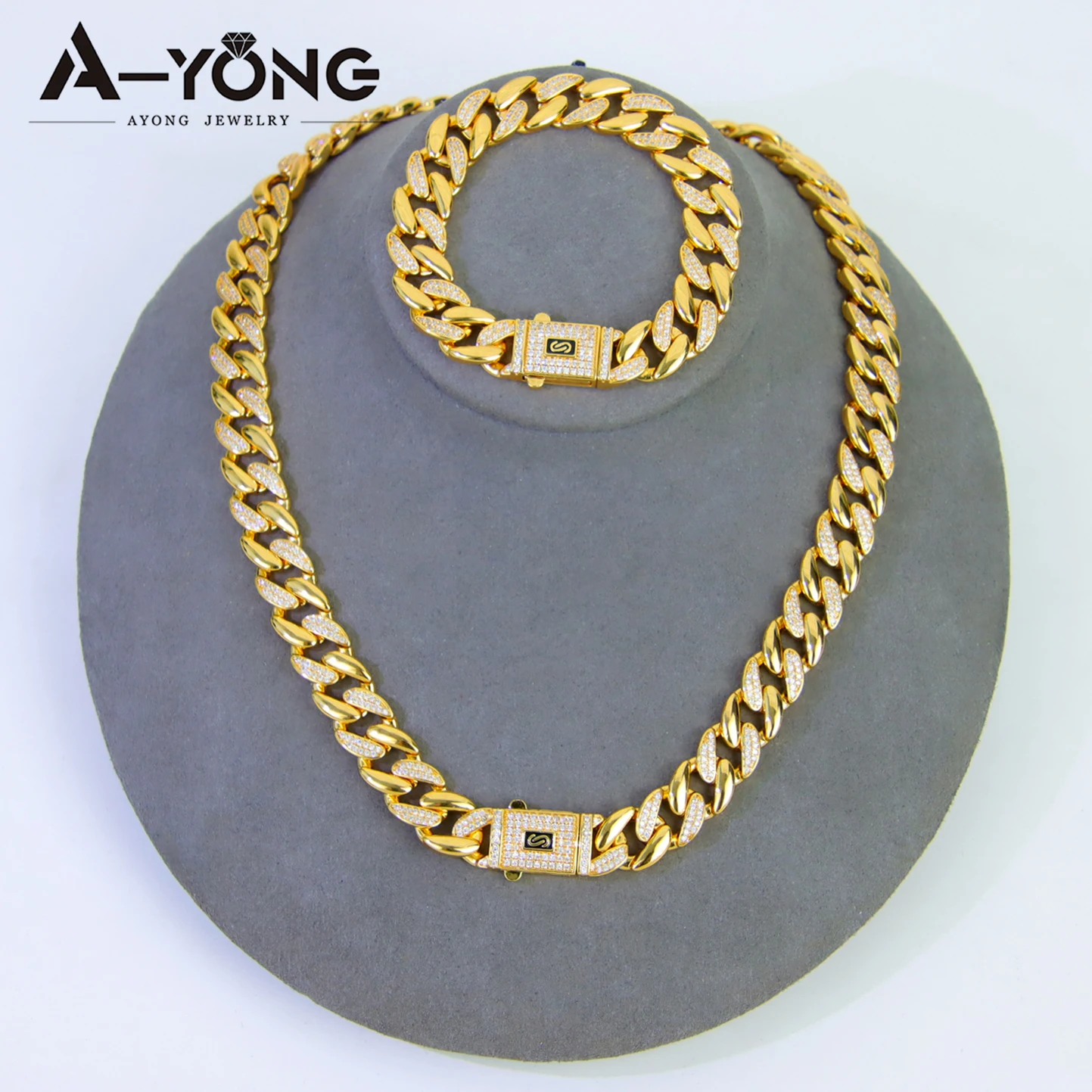 Luxuriöses Zirkonia Monaco Schmuckset 21k Vergoldet Italienischer Hip-Hop Kubanische Halskette Armband Ring Ohrringe Damen Punk Schmuck – Detail 15