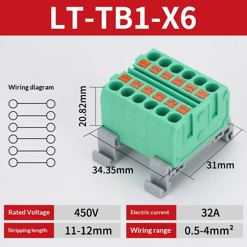Push-in-Klemmenblock, Mehrfach-Ein- und Ausgangsklemme, Schnellverbindung von Drähten, DIN-Schienen-Kabelverbinder, Universelle Anschlussdose TB1-X6D