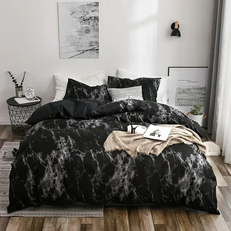 Nordic White Marble Pattern Printed Duvet Cover Set 200 x 200 With Pillowcase 2/3pcs Bedclothes Double Queen King Size Bed Linen