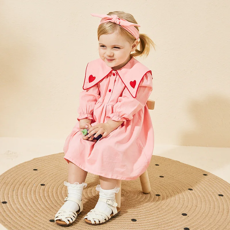 2024 Spring Autumn Infant Girls Dress Cotton Long Sleeve Loose Love Heart Patched Kids Baby Girls Frocks Toddler Girls Outfits