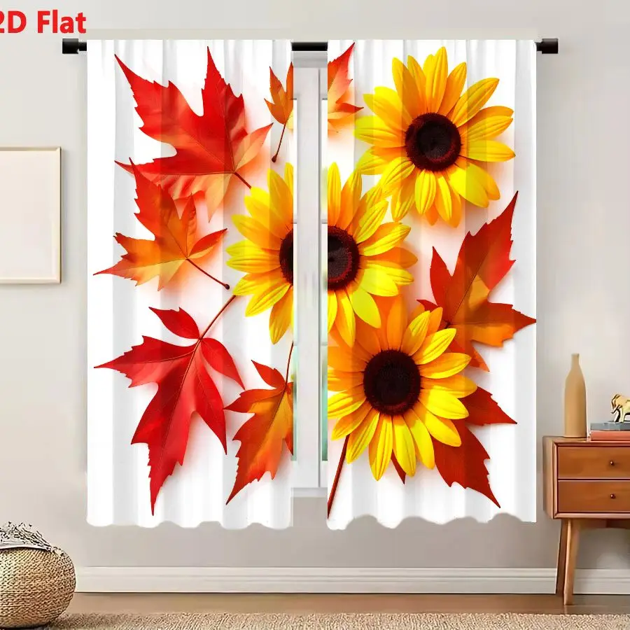 2Pcs Curtains 2D Flat Autumn Sunflowers And Maple Leaves Arrangement On White Background Window Drapes for Bedroom Room Decor De