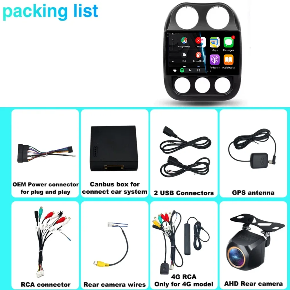 أندرويد 15 Carplay لسيارة جيب كومباس باتريوت 2010 2011 2012 2013 2014 2015 2016 راديو السيارة مشغل وسائط متعددة وحدة رأس ستيريو 2din