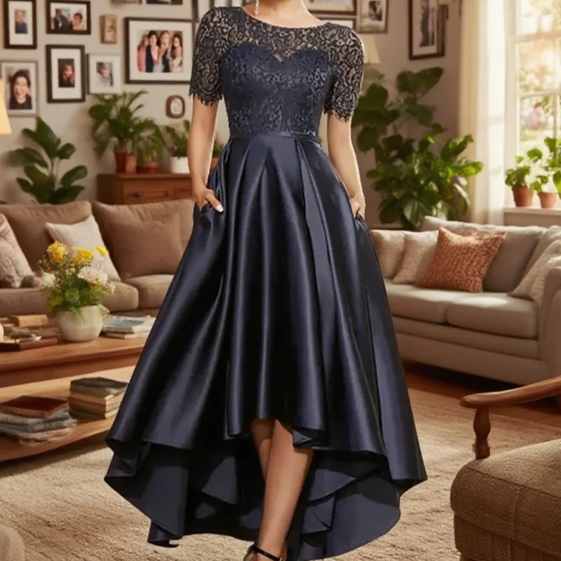 

Mother of the Bride Dresses Dark Navy A-Line Wedding Guest Dress Lace Satin Short Sleeve Groom Mom Prom Evening Gowns Customized