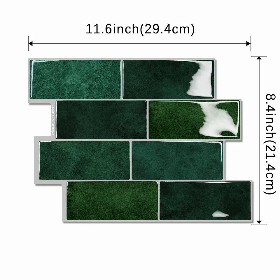 10-piece green brick texture self-adhesive wall panels, waterproof and heat-resistant PET film, easy peel-and-stick application,