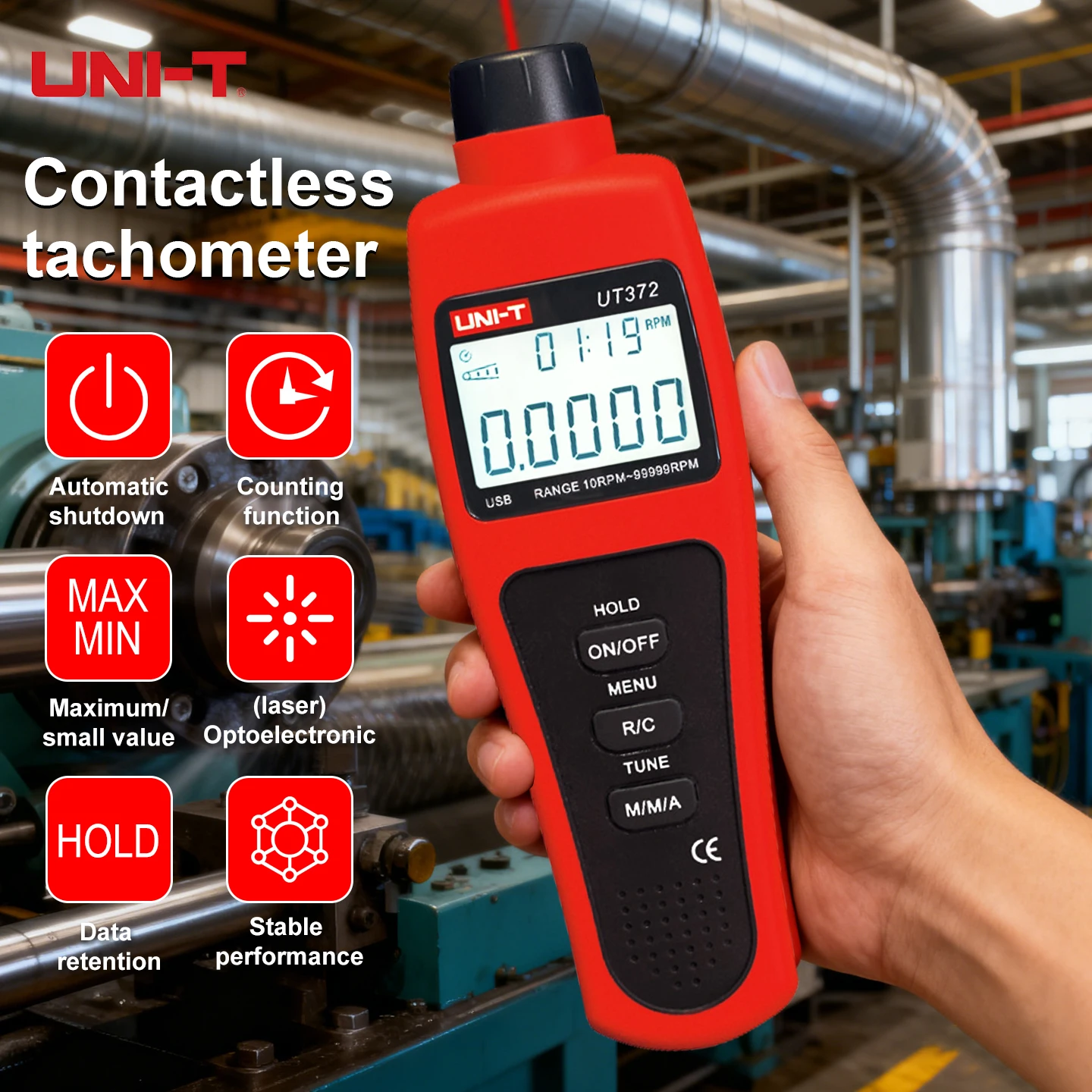 UNI-T Contactless Tachometer UT372 Digital RPM Meter Laser Speed Tester 10-99999RPM USB Data Transfer LCD for Motor Engine