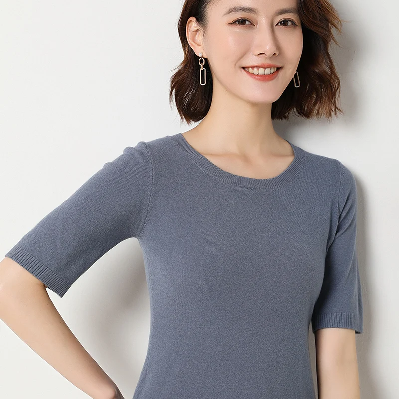 Spring summer new Short sleeve Cashmere sweater women\'s loose O-Neck knit bottoming shirt female pullover tops
