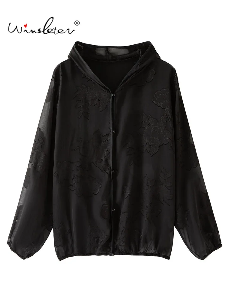 Winsleter-100%Real Silk Elegant Hooded Coat, Cut Flower Silk, Women Vacation Sheer Sunscreen Loose Coat, 2026 Autumn C67565CC