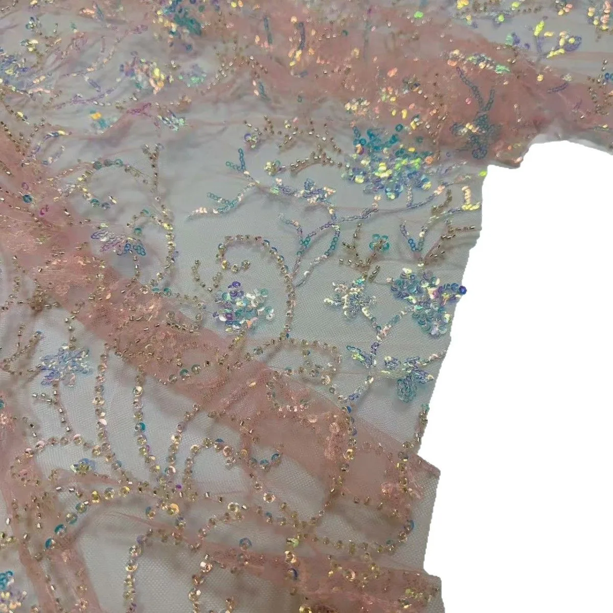 5 Yards Mesh Beaded Sequined Baroque Color Embroidered Cloth Dress Wedding Fabric