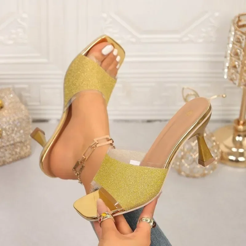 Damen High Heel Sandalen 2026 Sommer Neue Mode Einfache Glitzer Quadratische Spitze Dünner Absatz Damenschuhe Komfort Outdoor Casual Sandalen