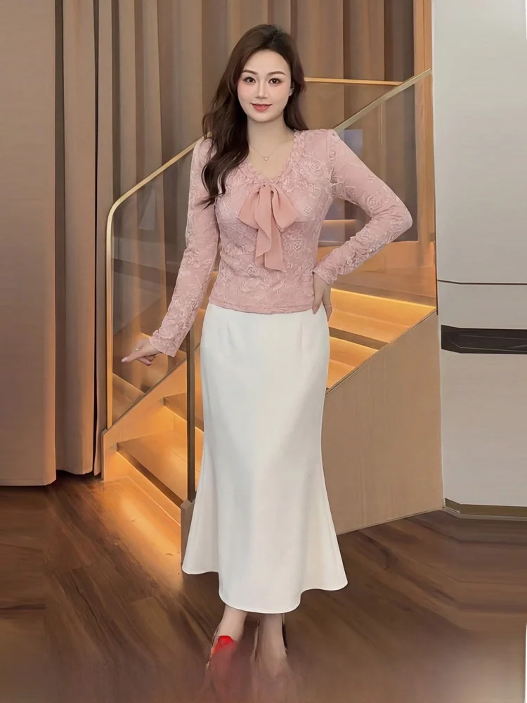 

Spring 2026 Large Size Women's Fashion Set Soft High Knowledge Lace Skirt Long Sleeve V-Neck Knot A-Line Dress
