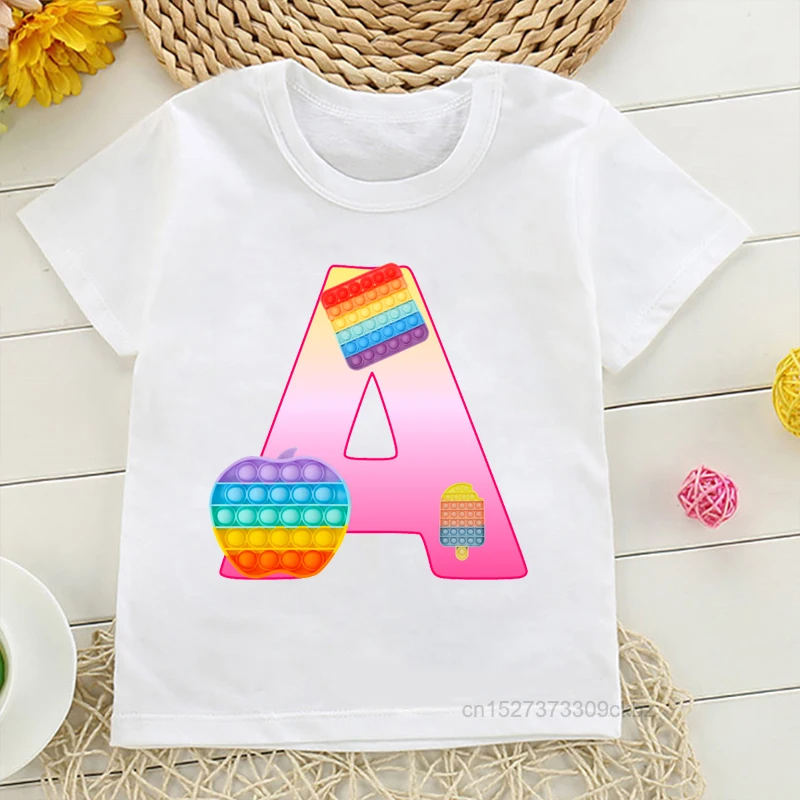 

Cute Pop It Alphabet A-Z With Colorful Ice Cream Apple Square Graphic Print T-Shirt Girls Kawaii Summer Birthday Party Top Tees