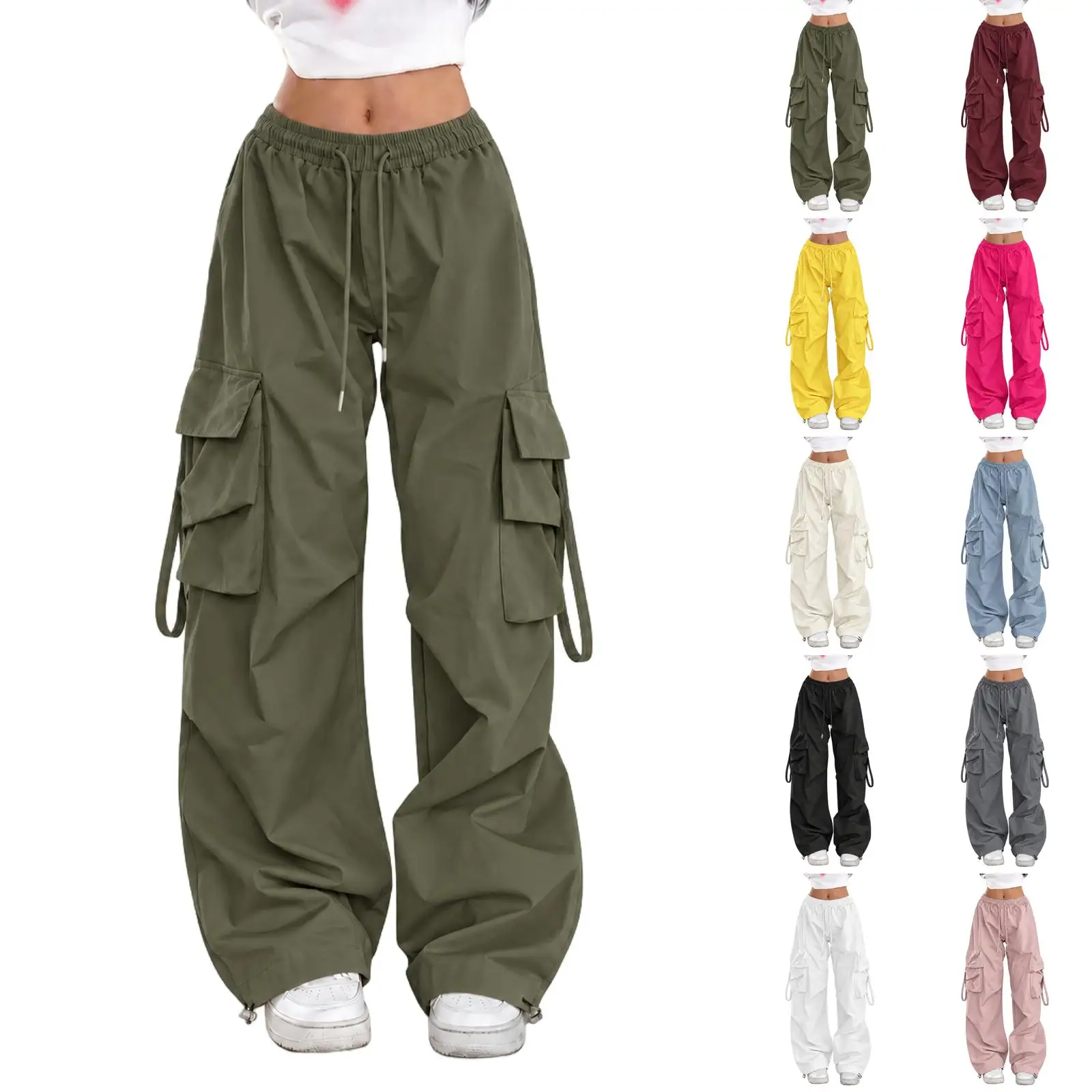 Women Loose Straight Wide Leg Cargo Pants High Street Vintage Long Trousers with Big Pockets Casual Streetwear