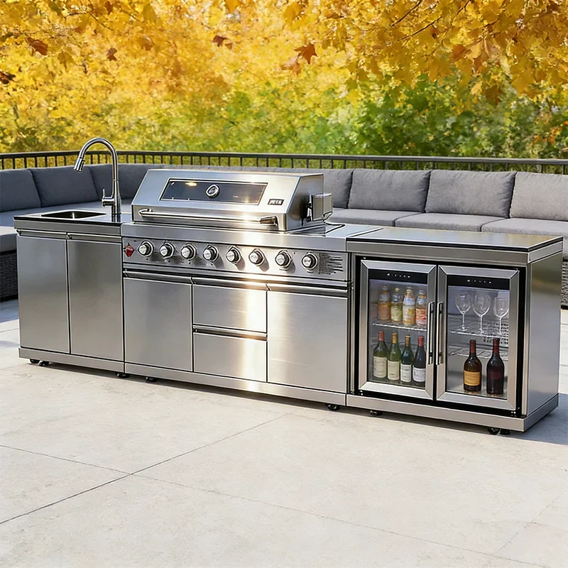 Wheeled Backyard Outdoor Kitchen, Heavy-        304 Stainless Steel Cabinet with Integrated Cooking Appliances