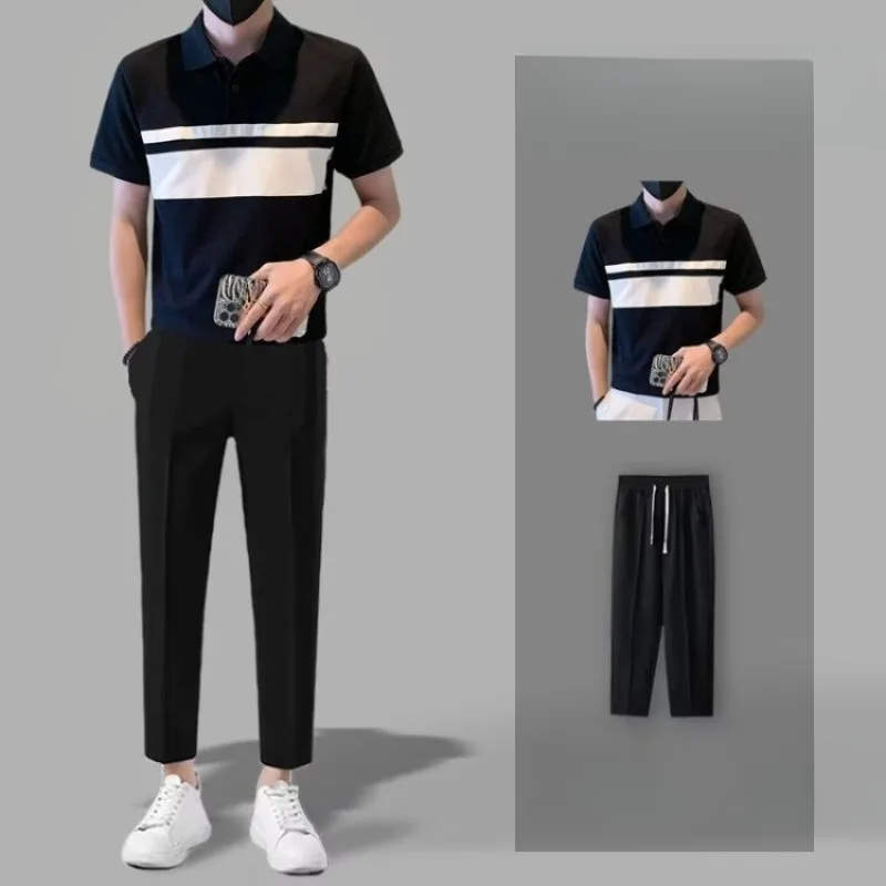 

Premium Spliced Polo Shirt Men Short Sleeve Elegant Contrast Collar Slim Fit Summer Top Cooling Fabric Trousers Set