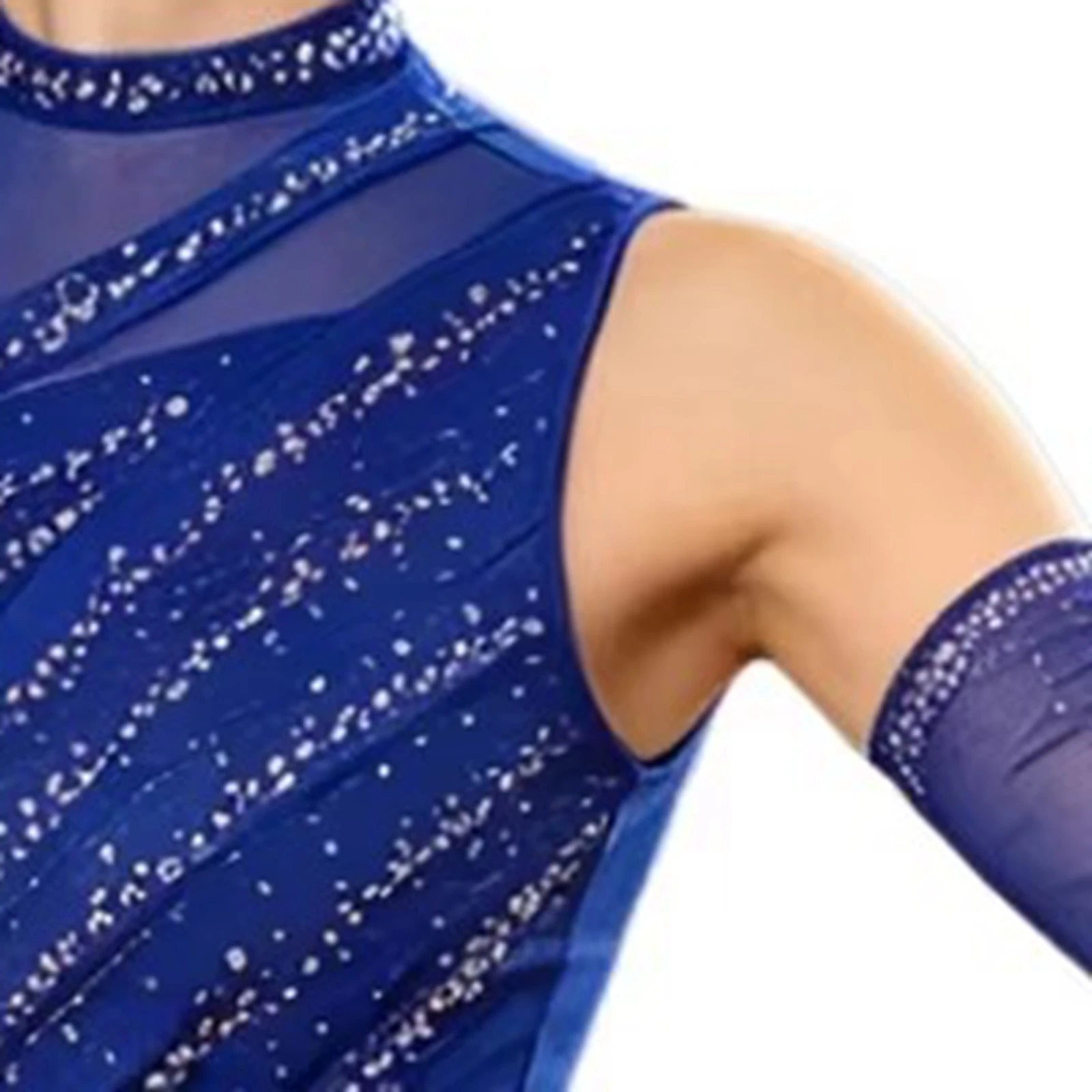Lyrisches Tanzkleid für Damen, glitzerndes, ärmelloses Kleid mit offenem Rücken und Netzhandschuhen, Eiskunstlauf-Tanzkostüm, Tanzbekleidung