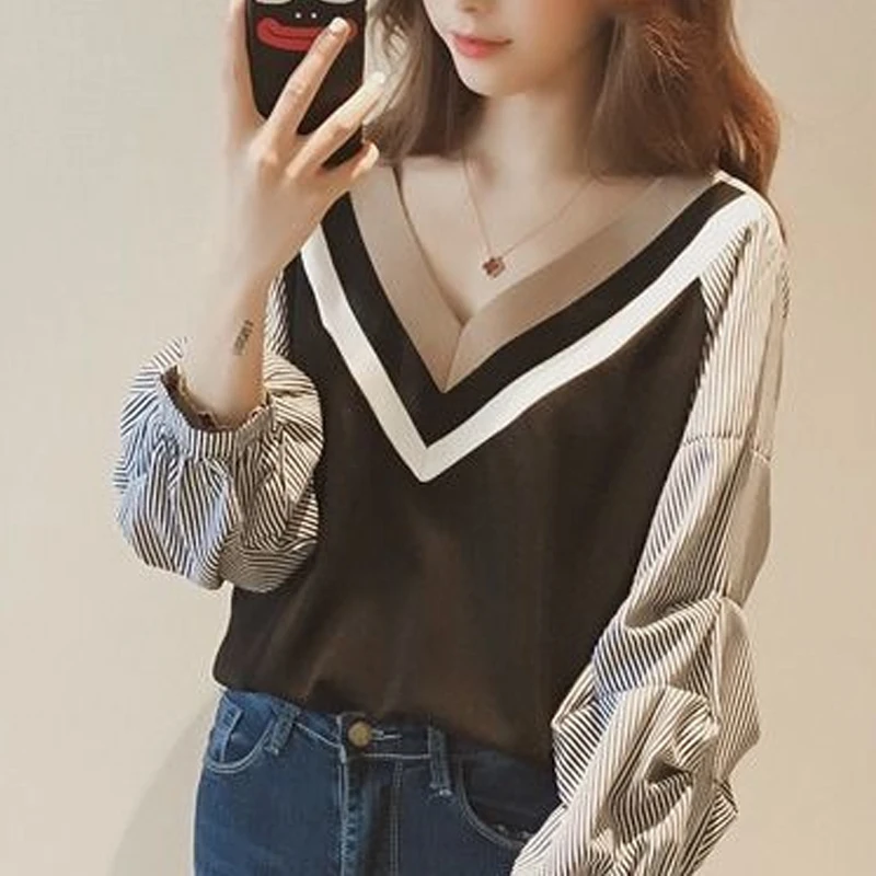 Spring Autumn New Striped Contrast Color Long Sleeve T-Shirts Women High Street Casual Loose Elegant Chic All-match Pullovers