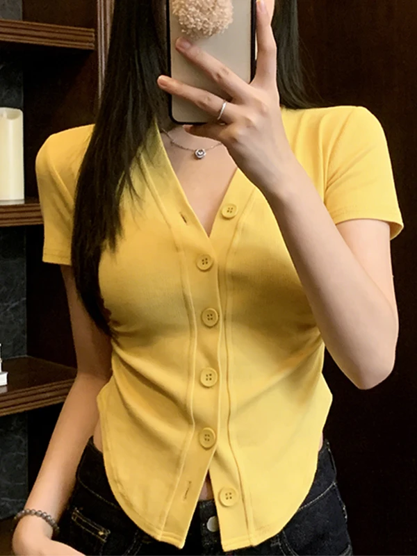 

plus Size Summer Women's T-Shirt V-Neck Button Pleated Sexy Style Arcuate Top Breathable Skin-Friendly Korean Style Short Sleeve