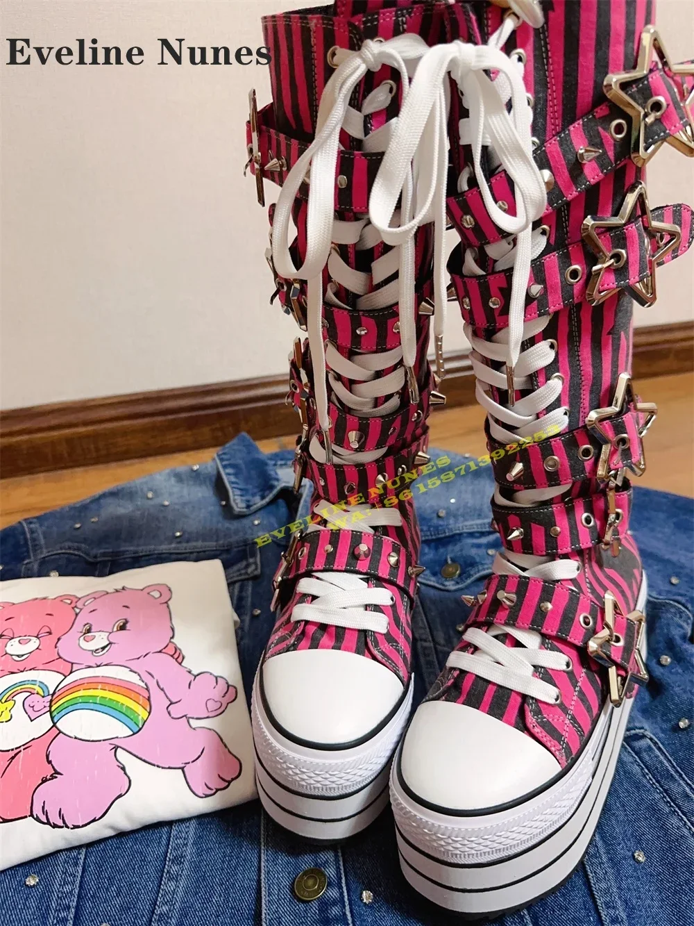 Platform Cross Tied Canvas Fashion Modern Boots Round Toe Height Increasing Metal Star Buckle Mixed Colors Knee High Boots 2024