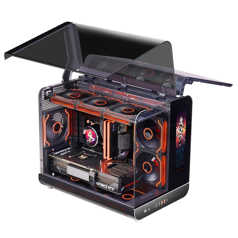 X-GAMERX HUANYI WING MATX Seaview-Raumgehäuse, vertikaler Desktop-Computer, 360-Grad-wassergekühltes Gehäuse, Typ-C-Schnittstelle mit Bildschirm