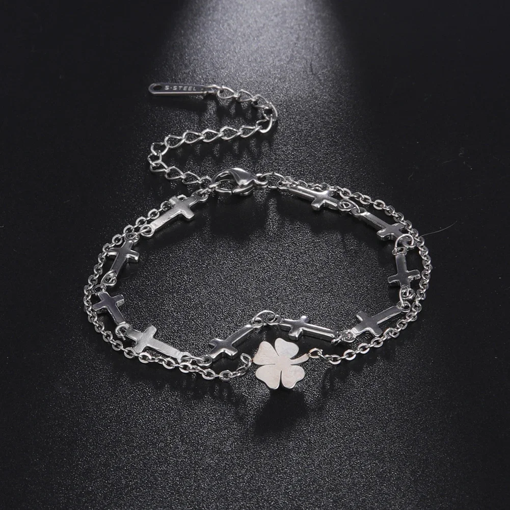 Skyrim Fuß kette von Frauen Männer Silber Farbe vier blättriges Kleeblatt Edelstahl Fußkettchen einfache Perlen Modeschmuck Accessoires neu – Detail 3