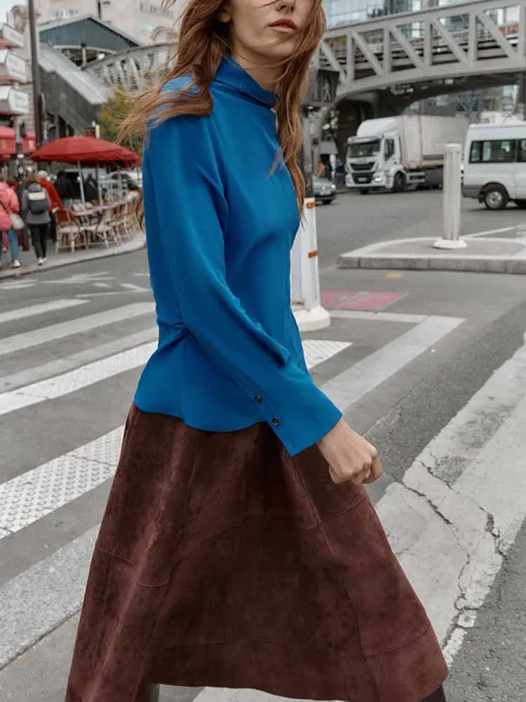 

Европейский и американский стиль, осенняя новая женская мода, простая однотонная плиссированная свободная шелковая атласная рубашка с длинными рукавами