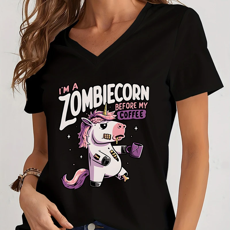 Funny Shirt Print I\'m Zombiecorn Before My Coffee Women Short Sleeves V-neck Cute Unicorn High Street Girl Fashion Trend Shirts