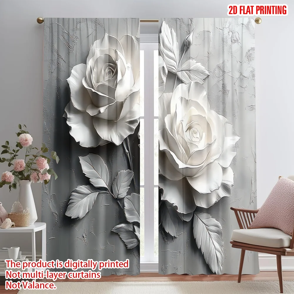 

2D flat printing 2pcs Curtains White Roses Digital Printed Polyester Drapes Seasonal Party & Holiday Decor for Home & Party