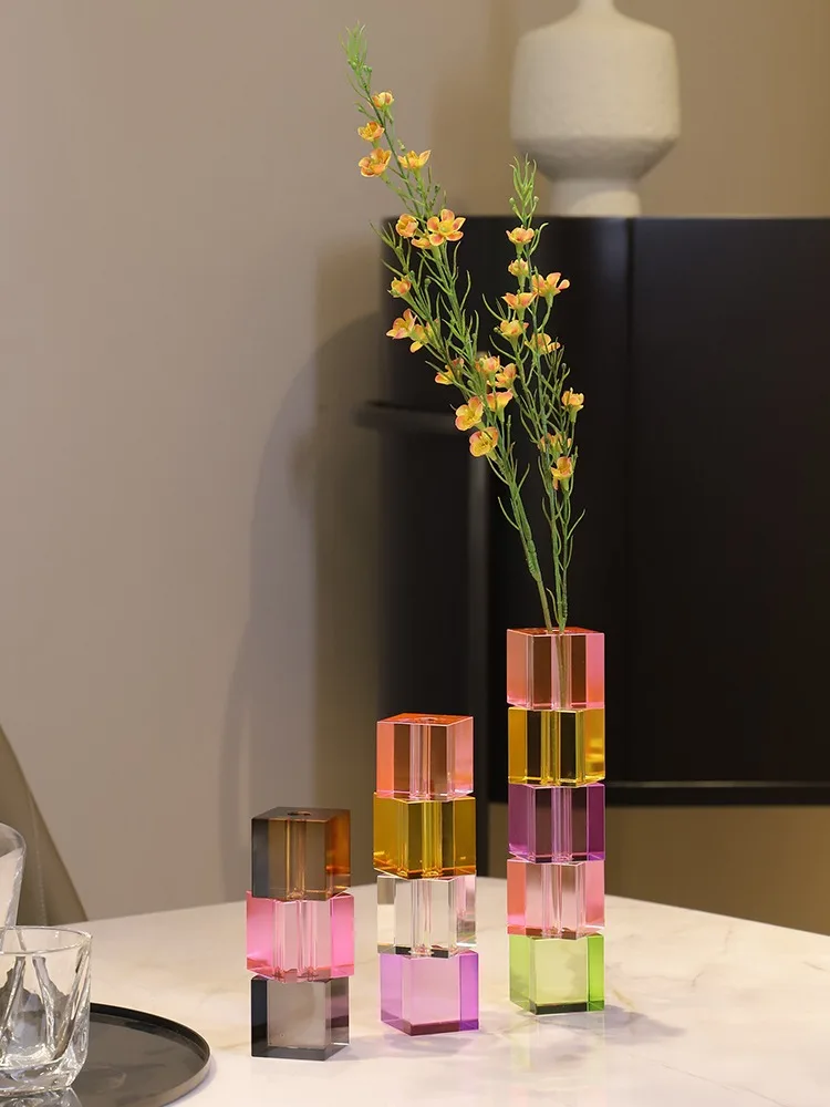 Modern Multicolored Stack Crystal Glass Vase, Cube Block Shaped Small Bud Vase for Living Room Table Centerpiece