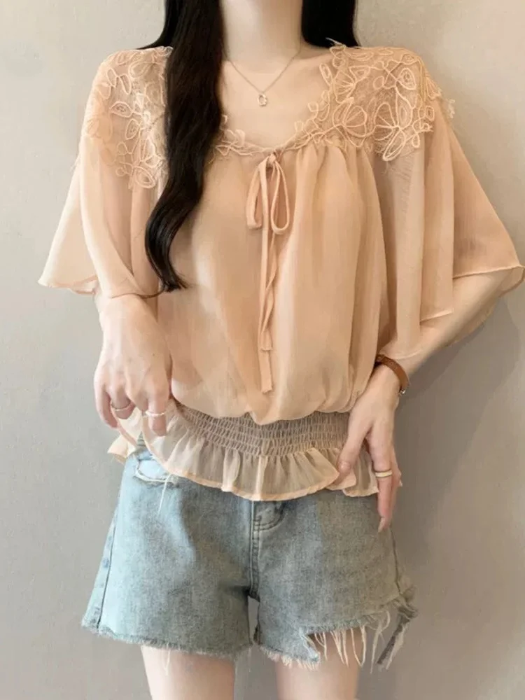 

Lace Hook Flower V-neck Shoulder-length Sleeve Summer New Style plus Size Women's Chiffon Top Beautiful Small Shirt Waist-cin...