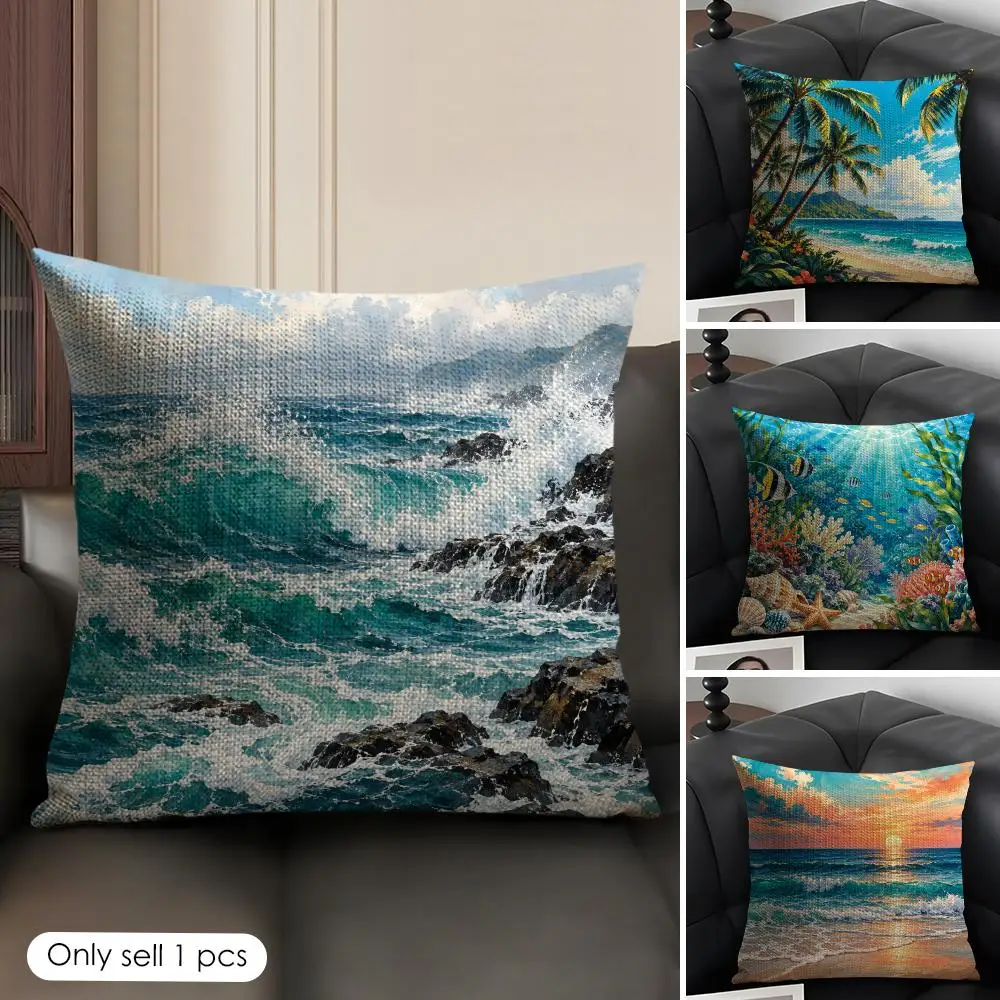 Coastal Tropical Beach Ocean Waves Cushion Cover Skin-Friendly Organic Linen Pillow Cover Durable Hypoallergenic Washable Soft