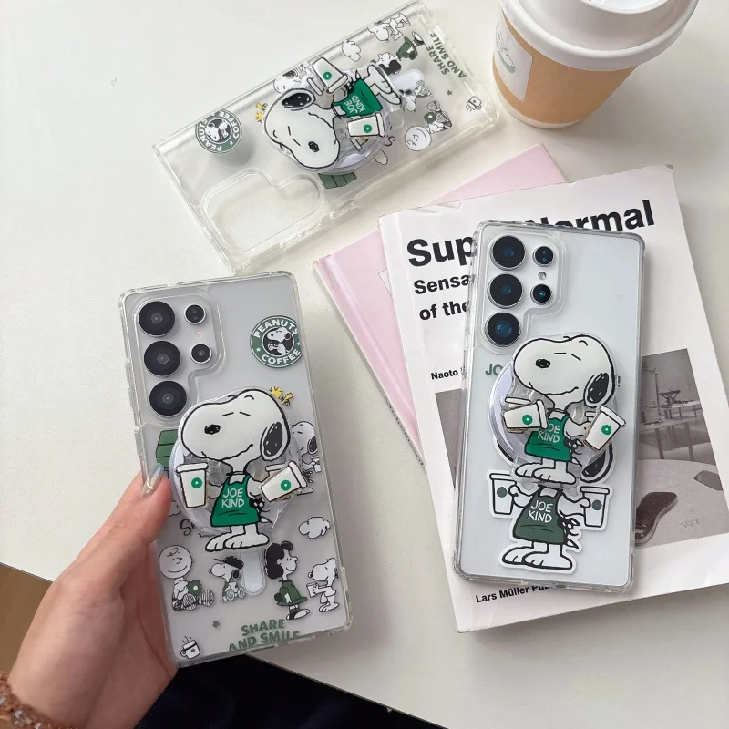 

Cute Cartoon coffee Snoopy Magsafe Wireless Charge Folding Case For Samsung S22 S23 S22 S24 S25 Ultra Snoopy Magnetic Holder